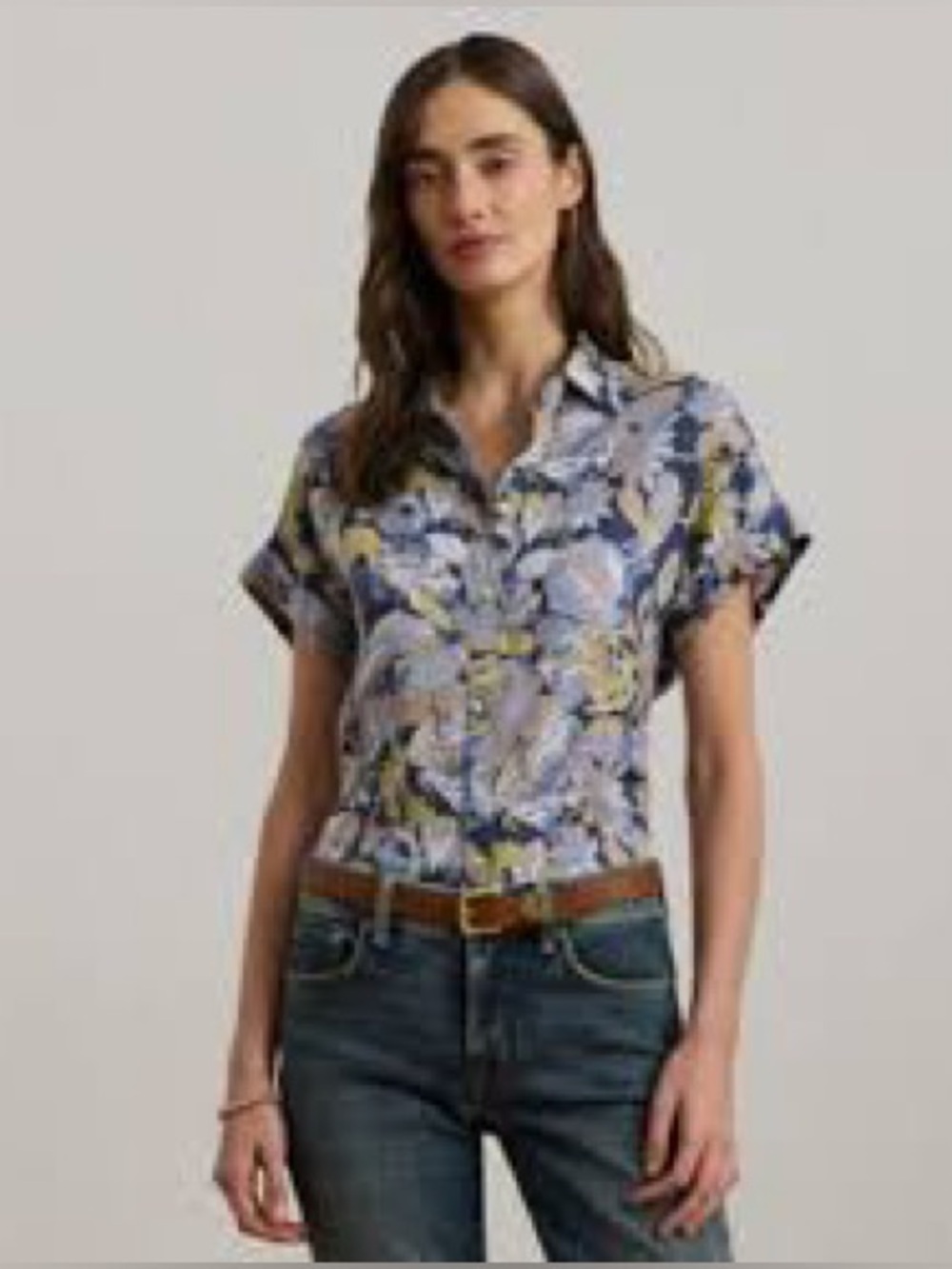 Lauren Ralph Lauren Linen Floral Short-Sleeve Shirt Blouse Women’s Medium